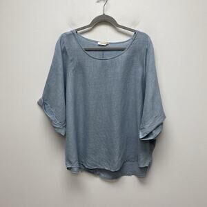 C Valentyne Womens Blue Round Neck Dolman Sleeve Lagenlook Pullover Boxy Top OS